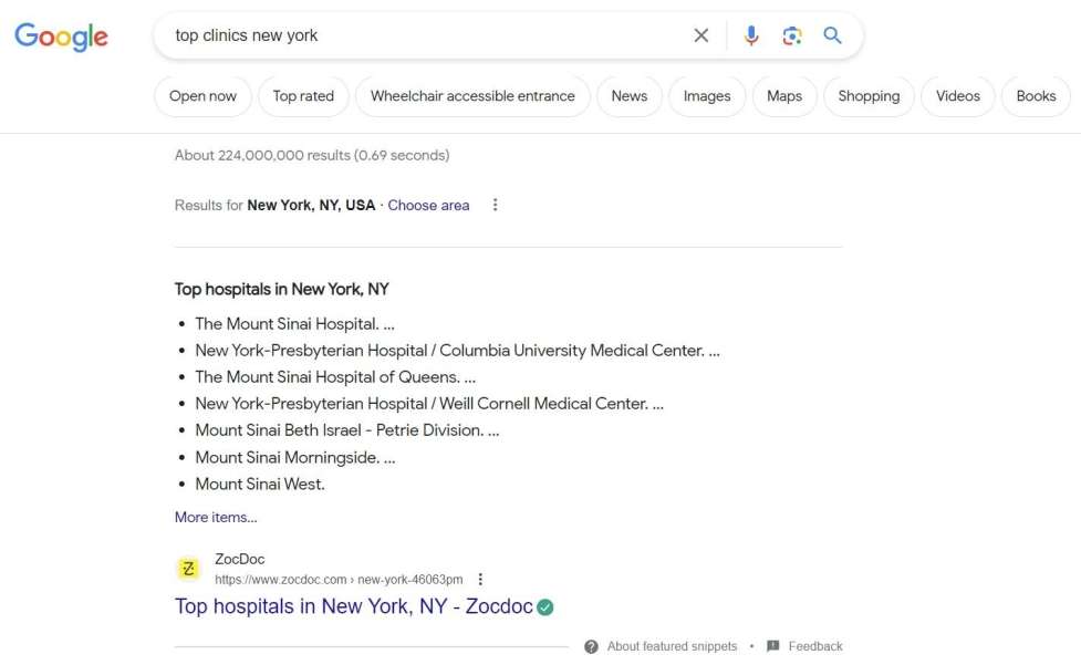 a screenshot of google result when looking for top clinics New York 