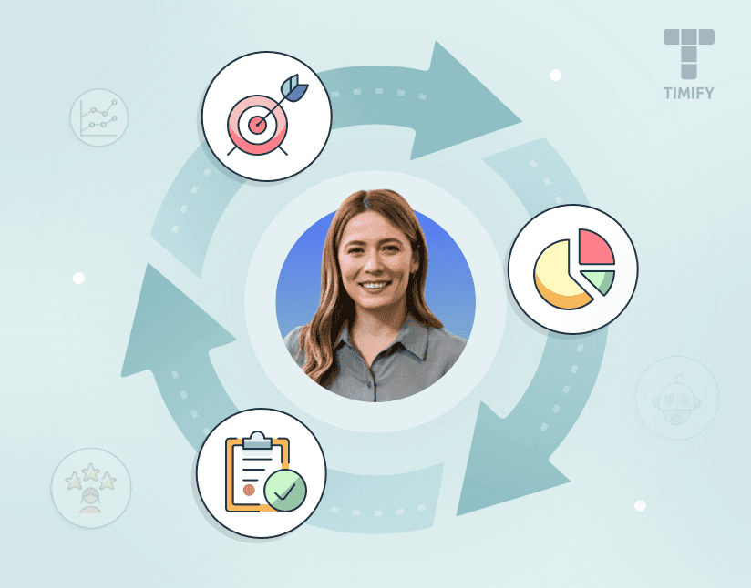 happy woman with icons of business success metrics 