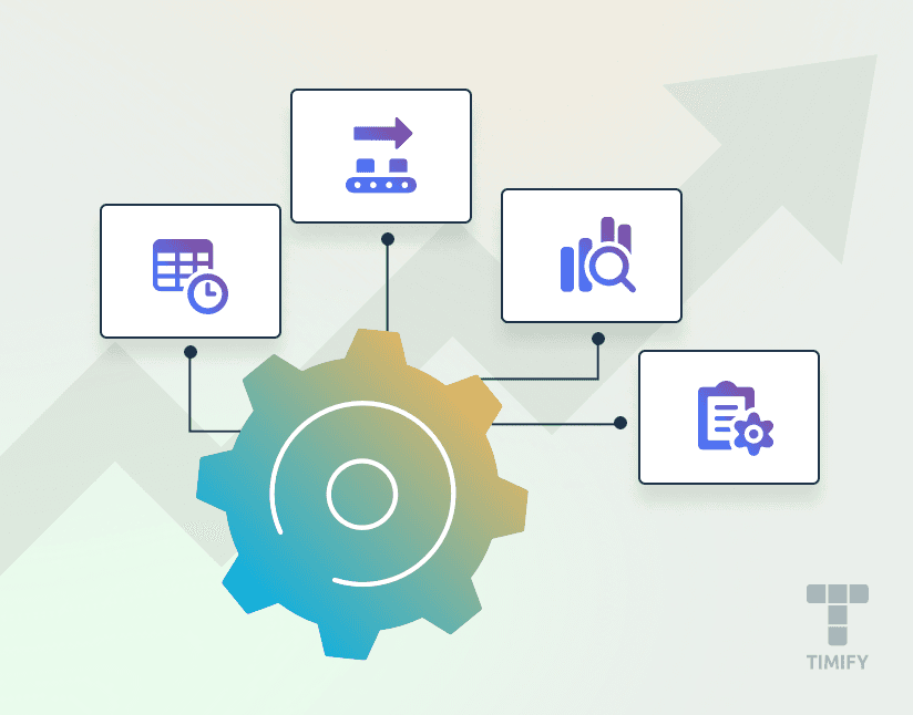 Gear connected to various symbols representing different functions