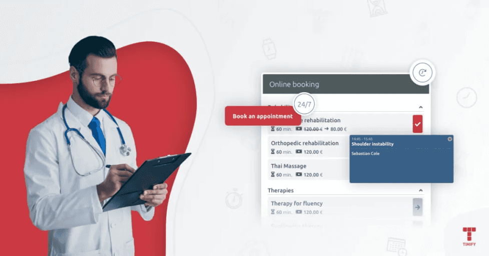 an image of the booking widget from timify and a doctor 