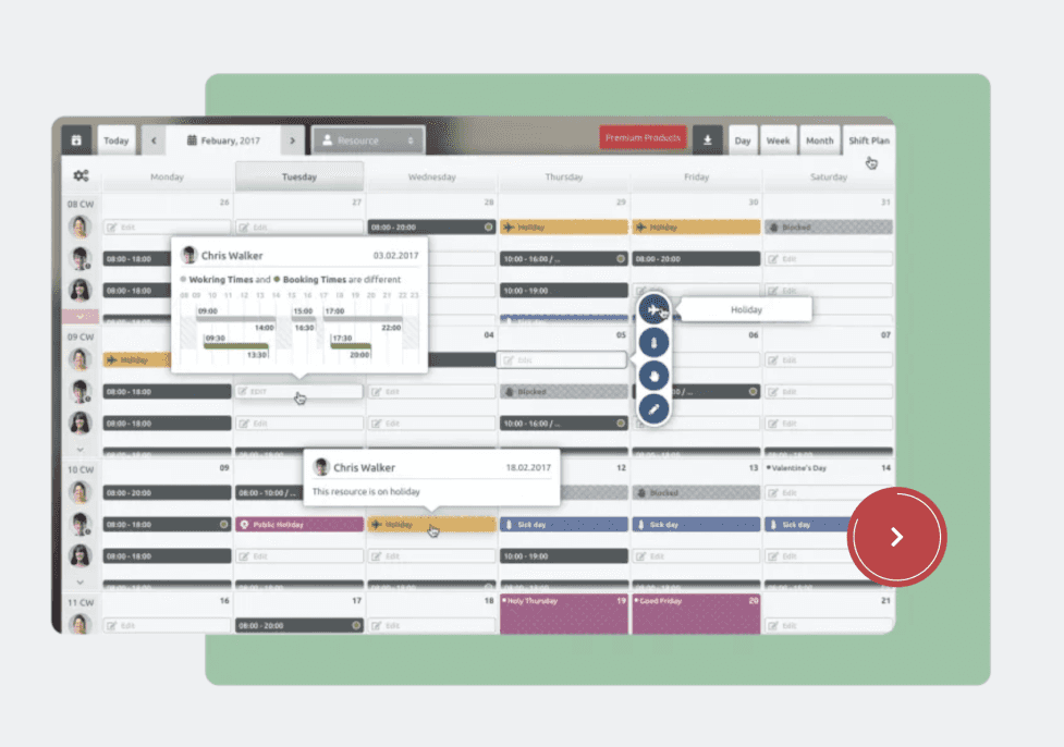 the Timify calendar showing the shift plan functionality 