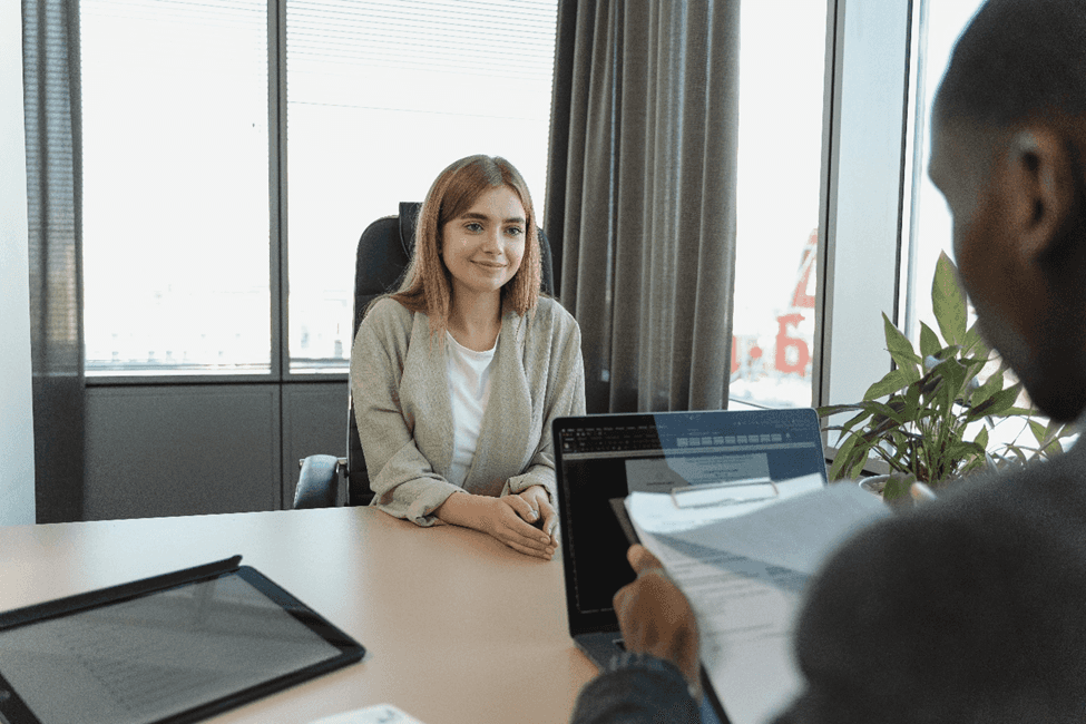 stock image of a girl during a job interview 