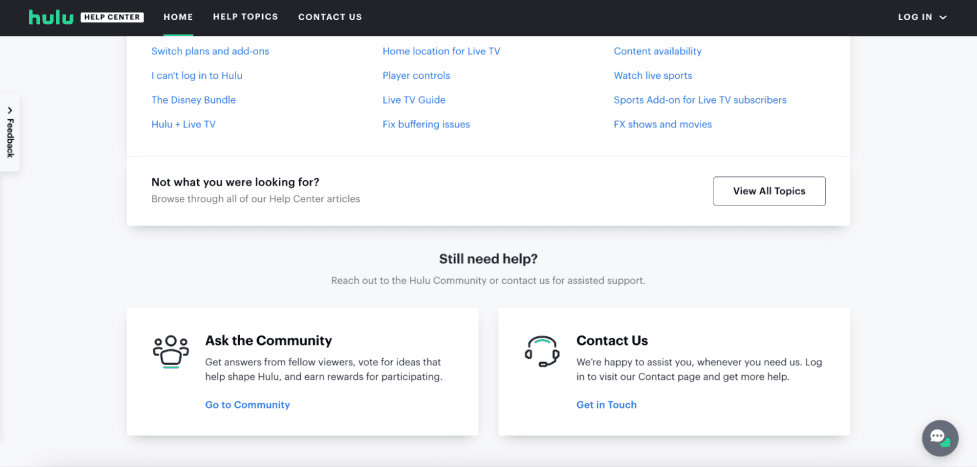 screenshot of the Hulu's help and resource center 